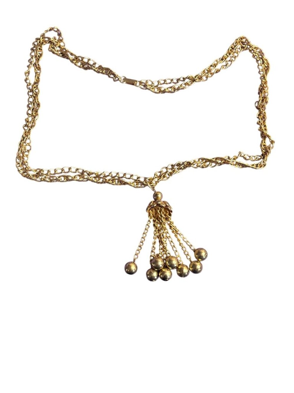 Vtg Goldtone 2 Strand Chain Necklace Beaded Chain Tassel Pendant Fold Over Clasp